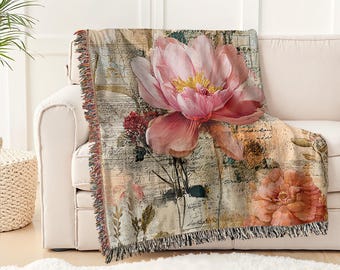Vintage Floral Woven Cotton Blanket: Shabby Chic Cottagecore Throw