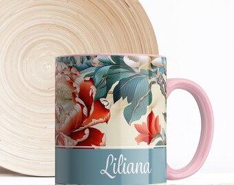 Chinoiserie Art Mug, Personalized Mug, Custom Name Coffee or Tea Cup, Unique Vintage-Style Gift for Her, Artistic Custom Drinkware