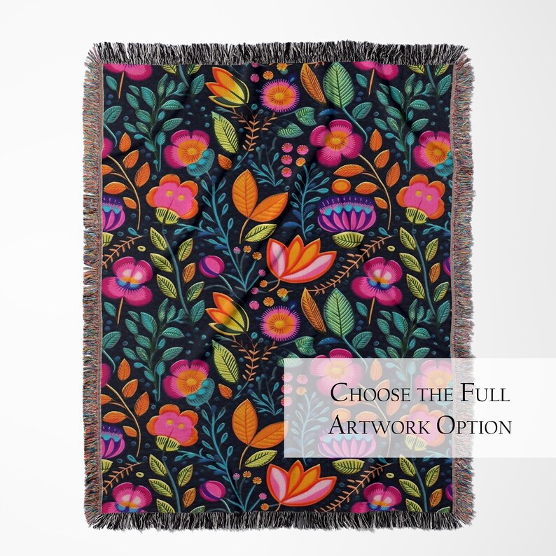 Personalized Mexican Folk Art Blanket: Floral Woven Cotton Throw, Boho Home Decor image 11