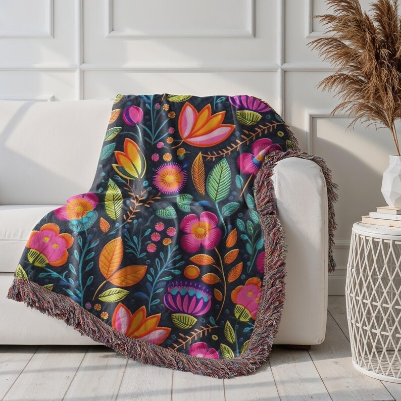 Personalized Mexican Folk Art Blanket: Floral Woven Cotton Throw, Boho Home Decor image 14