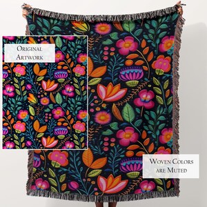 Personalized Mexican Folk Art Blanket: Floral Woven Cotton Throw, Boho Home Decor image 13
