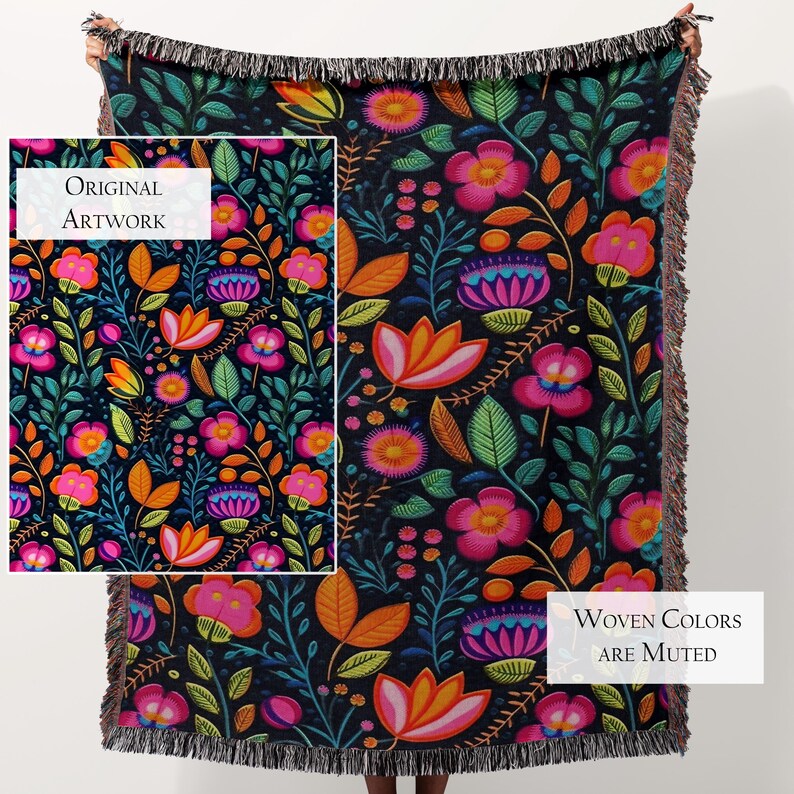 Personalized Mexican Folk Art Blanket: Floral Woven Cotton Throw, Boho Home Decor image 13
