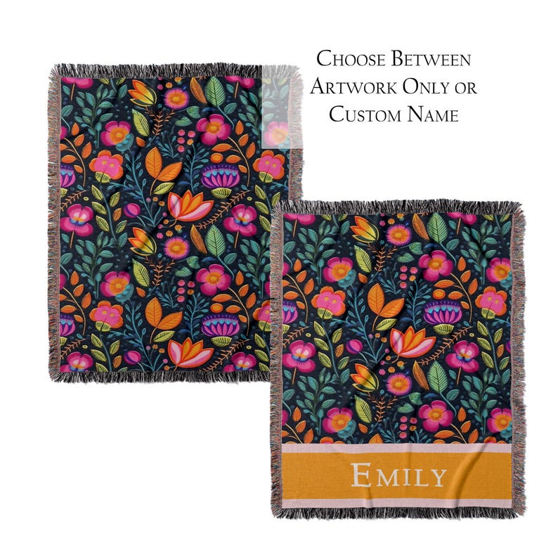 Personalized Mexican Folk Art Blanket: Floral Woven Cotton Throw, Boho Home Decor image 8