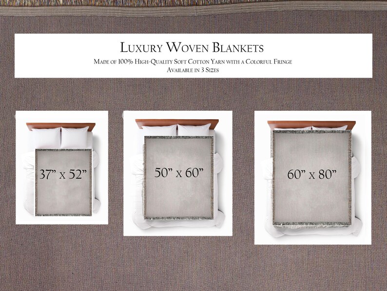 May include: Three woven blankets in different sizes, 37 inches by 52 inches, 50 inches by 60 inches, and 60 inches by 80 inches. The blankets are made of 100% high-quality soft cotton yarn with a colorful fringe.