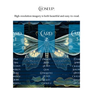 May include: Three tarot cards with a butterfly design. The cards are labeled "Card 1", "Card 2", and "Card 3". Each card has a different color scheme and features a different set of words related to past, present, and future.