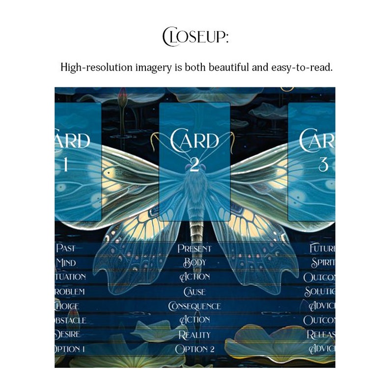 May include: Three tarot cards with a butterfly design. The cards are labeled "Card 1", "Card 2", and "Card 3". Each card has a different color scheme and features a different set of words related to past, present, and future.