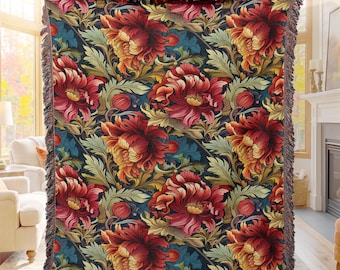Moody Floral Woven Blanket, Maximalist Botanical Throw, Vintage Flower Tapestry, Cottagecore Home Decor