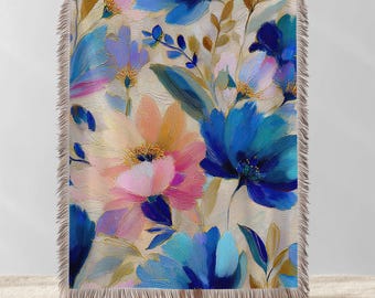 Floral Woven Blanket: Vintage-Inspired Cotton Jacquard Tapestry Throw