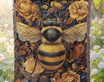 Bee Woven Blanket, Floral Cotton Throw, Dark Botanical Garden Home Decor