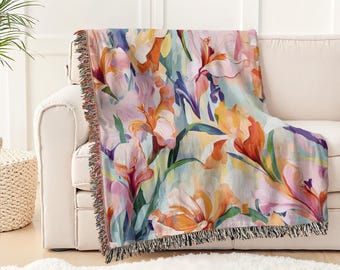 Floral Woven Cotton Blanket: Iris Botanical Cottagecore Throw