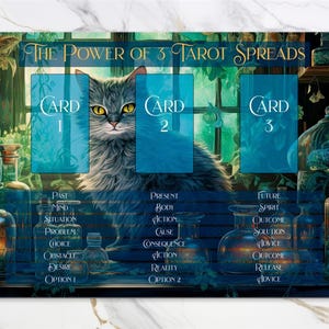 May include: A tarot card spread layout with three cards, labeled "Card 1", "Card 2", and "Card 3". The layout is designed for a three-card tarot spread called "The Power of 3 Tarot Spreads". The cards are placed in front of a window with a cat sitting in the middle.
