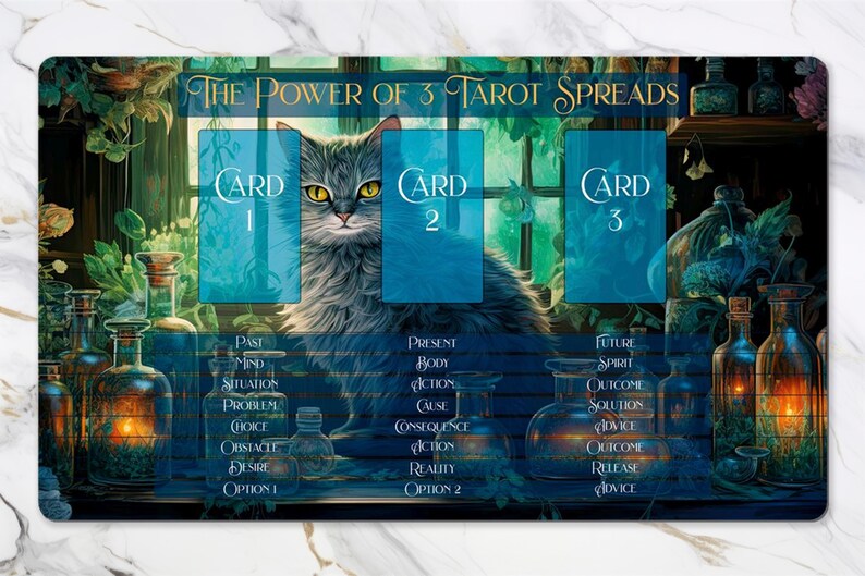 May include: A tarot card spread layout with three cards, labeled "Card 1", "Card 2", and "Card 3". The layout is designed for a three-card tarot spread called "The Power of 3 Tarot Spreads". The cards are placed in front of a window with a cat sitting in the middle.