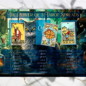 May include: A tarot card reading spread with three cards, The Magician, Wheel of Fortune, and The Tower. The spread is labeled with past, present, and future. The cards are set against a dark blue background with a cat and bottles.