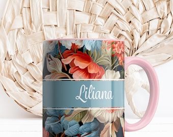 Chinoiserie-Inspired Personalized Mug, Custom Name Coffee or Tea Cup, Unique Vintage-Style Gift for Her, Artistic Custom Drinkware