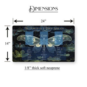 May include: A blue and green tarot cloth with a butterfly design. The cloth is 24 inches wide and 14 inches tall. It is 1/8 inch thick and made of soft neoprene. The cloth has three card positions labeled "Card 1", "Card 2", and "Card 3". The text "The Power of 3 Tarot Spreads" is printed at the top of the cloth.