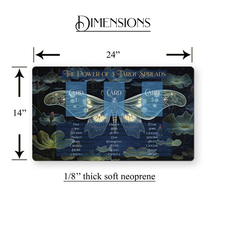 May include: A blue and green tarot cloth with a butterfly design. The cloth is 24 inches wide and 14 inches tall. It is 1/8 inch thick and made of soft neoprene. The cloth has three card positions labeled "Card 1", "Card 2", and "Card 3". The text "The Power of 3 Tarot Spreads" is printed at the top of the cloth.