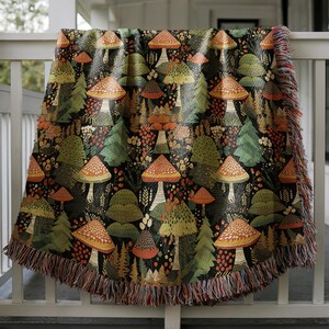 Forest Mushrooms Cotton Woven Blanket - Woodland Throw Blanket Tapestry - Witchy Woven Rug Wall Hanging Sofa Bed Cover Decor - Gift For Her