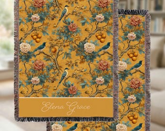 Chinoiserie Garden Woven Blanket: Personalized Golden Vintage Bird & Peony Throw, USA Made