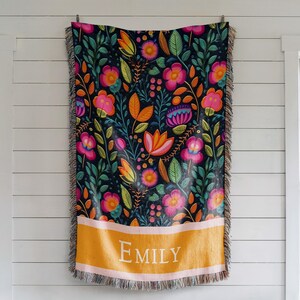 Personalized Mexican Folk Art Blanket: Floral Woven Cotton Throw, Boho Home Decor image 10