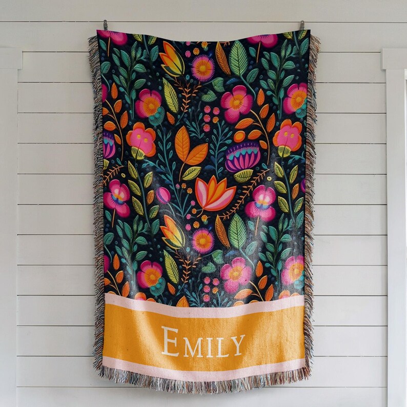 Personalized Mexican Folk Art Blanket: Floral Woven Cotton Throw, Boho Home Decor image 10