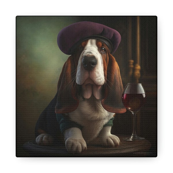 Basset Hound portant un béret, buvant du vin, animal de compagnie chic, Français art mural sur toile de chien