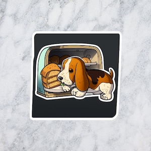 Basset Hound Aufkleber, Brothund, Hund, der Brotaufkleber macht, Schlappohrhund, Karikaturhund, Hund essen Aufkleber, Hund Koch Aufkleber