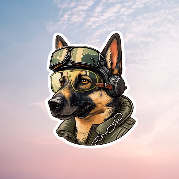 German Shepard, Combat, Military, Aviators, Glasses, Goggles, Cartoon Style Dog Sticker