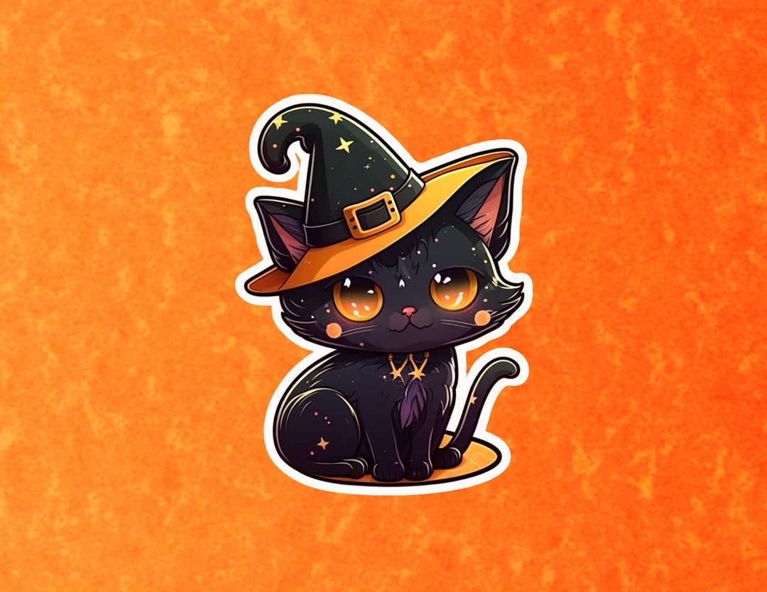 Black Cat Sticker, Cute Black Cat Sticker, Halloween Cat Sticker, Witch ...