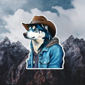 Alaskan Husky Sticker, Blue Dog Sticker, Cowboy Hat Dog, Colorful Dog, Jacket Dog, Retro Dog Sticker, Wild West Dog, Pet Sticker, Cartoon