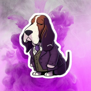 Basset Hound Sticker, Purple Basset Hound, Dog in Jacket, Retro Dog Sticker, Purple Sticker, Dog Smoking, Pet Sticker, Cartoon