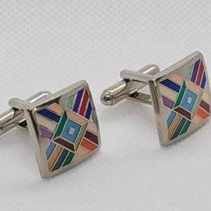 VTG Joseph Abboud Silvertone Cufflinks Geometric Multicolor Cross Pattern Enamel