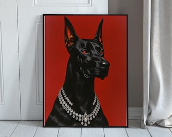 May include: A framed art print featuring a black Doberman Pinscher with red eyes and a diamond necklace against a red background. The dog is depicted in a regal pose, with a glossy coat. The artwork is displayed on a white wooden floor.