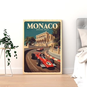 May include: Vintage Monaco Grand Prix poster featuring a red race car with the number 27 speeding around a track. The poster has a cream-colored border and includes the text "MONACO GRAND PRIX" in a retro font, with a building and palm trees in the background.