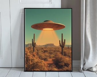 Vintage UFO Desert Wall Art  Mid-Century Western Retro Alien Spaceship Poster