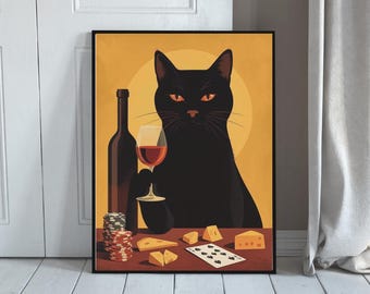 Peut inclure: Impression d'art encadrée représentant un chat noir aux yeux orange tenant un verre de vin. Une bouteille de vin, des jetons de poker, du fromage et des cartes à jouer sont sur la table. Le fond est un cercle jaune.