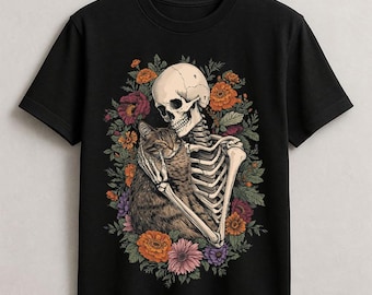 Vintage Skeleton hugging cat Halloween t-shirt