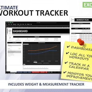 May include: A yellow sticky note with a checklist of features for an Excel workout tracker. The checklist includes "Dashboards", "Log all your workouts", "Track in a calendar", and "Monitor your improvement". The image also shows a screenshot of the Excel workout tracker with a dashboard, charts, and a workout plan.