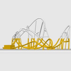 May include: A 3D model of a roller coaster with white tracks and yellow supports. The coaster features loops, hills, and turns, with a yellow box at the base. The design is set against a plain gray background.