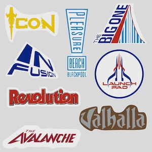 May include: A collection of colorful stickers featuring various amusement park ride logos and names. The stickers include the words "ICON", "PLEASURE", "THE BIG ONE", "FUSION", "BEACH BLACKPOOL", "LAUNCH PAD", "Revolution", "Valhalla", and "THE AVALANCHE".