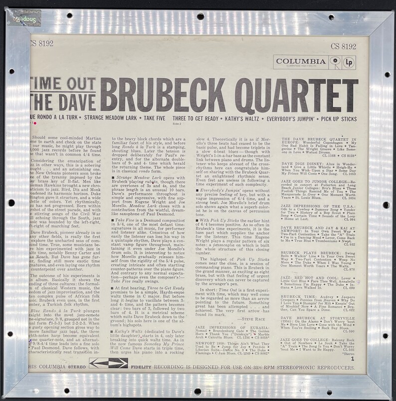 Dave Brubeck Time Out Featuring Take Five Framed Glitter Enhanced Vintage Record Album Cover