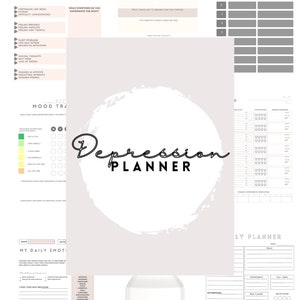 以下が含まれることがあります： 気分、睡眠、毎日の感情を追跡するためのセクションがある白い Depression Planner。プランナーには、症状、否定的な考え、毎日のプランナーのセクションが含まれています。「Depression Planner」というテキストが中央にあります。