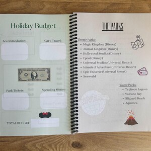 May include: A green and white budget planner with sections for accommodation, car travel, park tickets, spending money, and total budget. The planner also includes a list of theme parks and water parks in Florida.