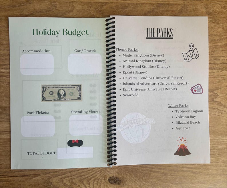 May include: A green and white budget planner with sections for accommodation, car travel, park tickets, spending money, and total budget. The planner also includes a list of theme parks and water parks in Florida.