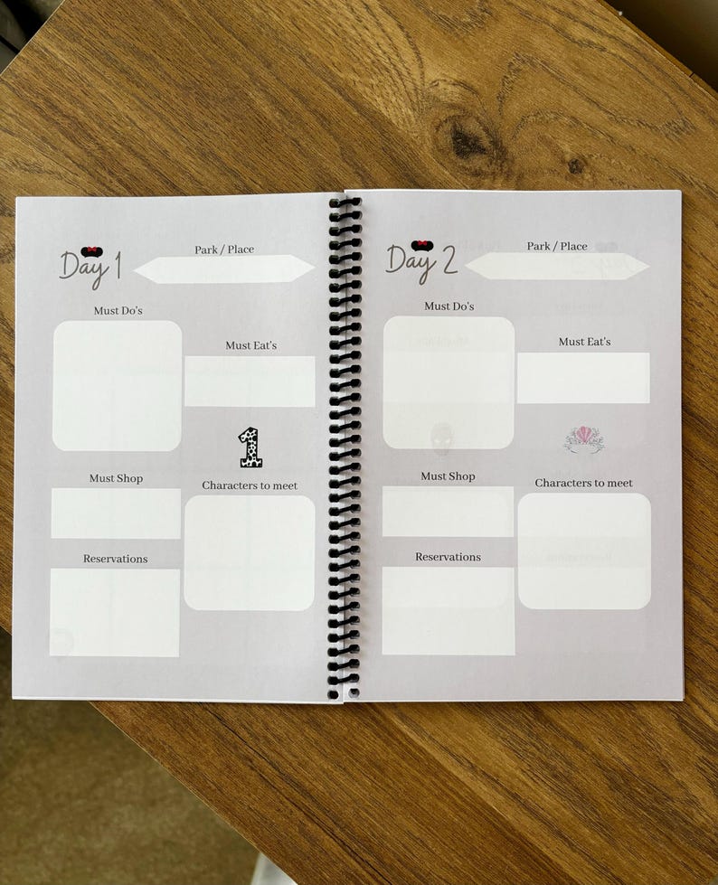 May include: A two-page spread of a planner with sections for "Park/Place", "Must Do's", "Must Eat's", "Must Shop", "Characters to meet", and "Reservations". The planner is designed for a theme park visit and includes a number "1" on the first page and a crown on the second page.