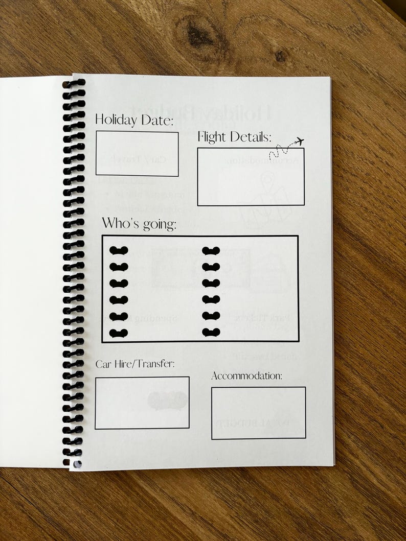 May include: A white page with black text and lines for planning a trip. The page has sections for holiday date, flight details, who's going, car hire/transfer, and accommodation.