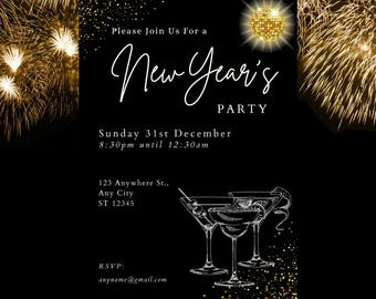 Könnte beinhalten: Schwarz-goldene Neujahrsfeier-Einladung mit einer Discokugel-Grafik und einer Skizze von drei Martini-Gläsern. Die Einladung enthält den Text "Please Join Us For a New Year's Party", "Sunday 31st December 8:30pm until 12:30am", "123 Anywhere St., Any City ST 12345", "RSVP: anyname@gmail.com" und "JOURNALCLUBCO".