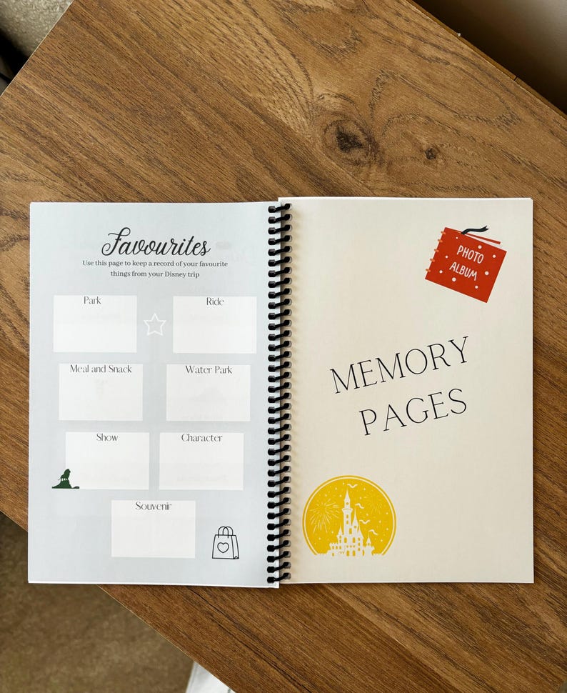 May include: A white and grey journal with a spiral binding. The front cover has the text "Favourites" and a section for writing down favourite things from a Disney trip. The back cover has the text "Memory Pages" and a yellow silhouette of Cinderella's castle.