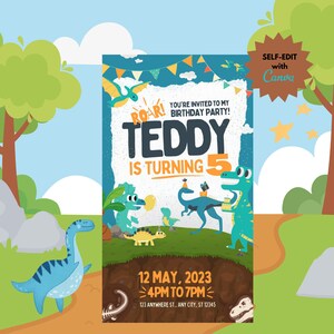 Digitale initiatiekaart voor dinosaurusverjaardag voor kinderen | Eenvoudig bewerken | Download, bewerk en deel elektronisch via telefoon of e-mail