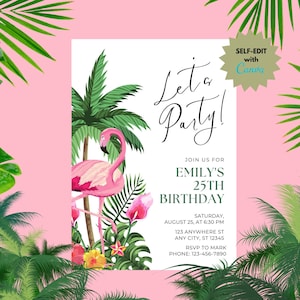 Flamingo tropische bloemen Let's Party digitale uitnodigingskaart | Bewerkbaar, downloaden en elektronisch delen via telefoon of online
