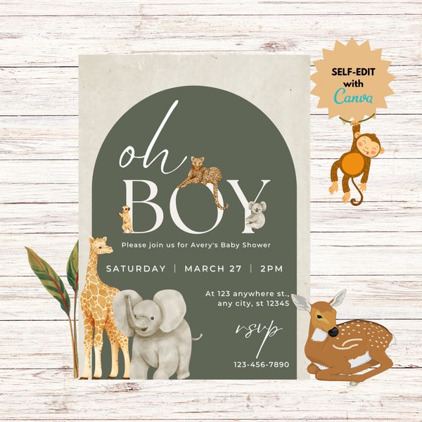 Safari Baby Shower Invitation, Digital Electronic Invite Featuring Jungle Animals, Editable Template For Cell Phone Text Message Or Email